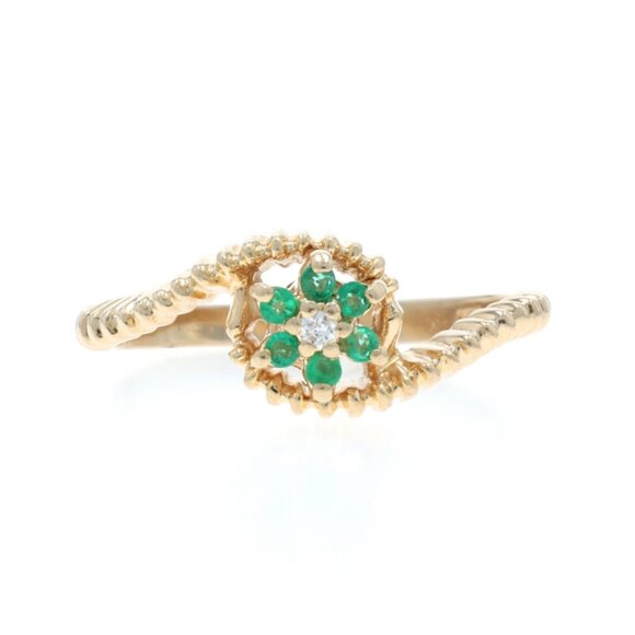 Yellow Gold Diamond Emerald Halo Bypass Ring - 14k Round Brilliant .13ctw Flower - Picture 1 of 6